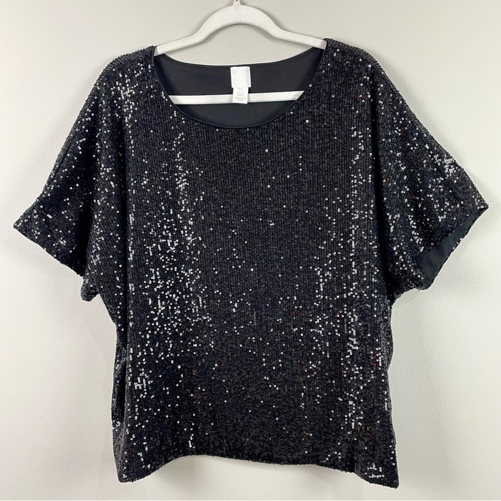 H&M Special Occasion Top Black Sparkly Sequin Holiday Christmas NYE Glam XL